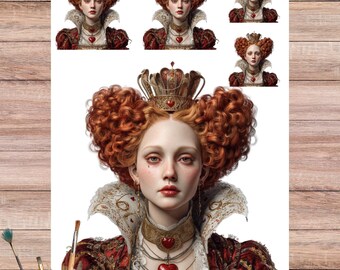 Puede incluir: Retrato de una mujer con cabello rizado rojo, que lleva una corona y un colgante de corazón rojo. La imagen incluye múltiples versiones más pequeñas del retrato, tijeras y pinceles en una maceta pequeña. La mujer lleva un vestido rojo y dorado.