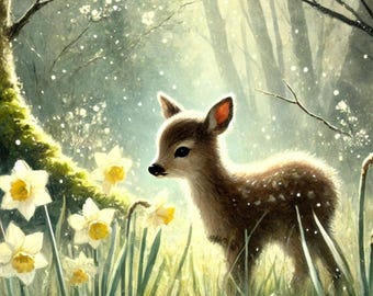 森の中の子鹿のライスペーパー：春のスイセンのデコパージュペーパー