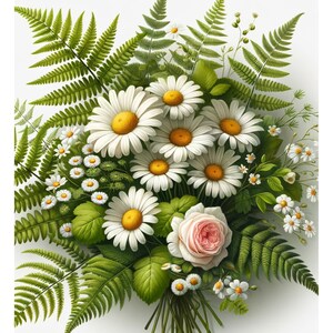 Bouquet de fougères et de marguerites - Papier de riz pour découpages créatifs Scrapbooking Techniques mixtes - 1 A4 taille standard Nouvelle collection