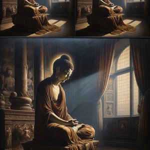 May include: A painting of a meditating Buddha in a golden robe, sitting on a platform in a room with a large window and ornate details. The Buddha is illuminated by a beam of light.