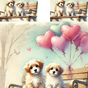 Papel de arroz con forma de perro sobre un banco, papel para decoupage para San Valentín, papel para manualidades con forma de corazón y globos, bonitos suministros para manualidades para San Valentín, decoupage romántico