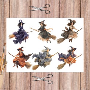 May include: A watercolour illustration featuring six witches on broomsticks. The witches are depicted in various dresses and hats, with colours including purple, orange, brown, and grey. The image includes scissors and paintbrushes, set against a white background.
