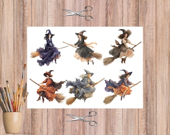 Flying Witch Rice Paper for Decoupage & Crafts,  Halloween Collage Sheet with Spooky Broomstick Design, 5089