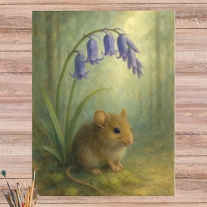Ratón encantado bajo papel de arroz con campanillas azules inglesas, ratón impresionista para proyectos de manualidades originales, ilustración de vida silvestre en el bosque, 4622