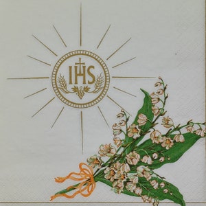 Lot de 20 serviettes en papier pour le déjeuner, serviettes de fête, serviettes en papier décoratives, communion, muguet, or, neuves