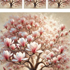 May include: A painting of a magnolia tree in full bloom with pink flowers. The tree is in the center of the image and the background is a soft, light brown.