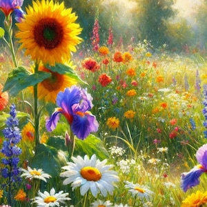 Wilde Wiese mit Sonnenblumen, Mohn, Iris, Gänseblümchen - Blumenwiese Reispapier - Wildblumen Decoupage Papier - Landschafts Bastelpapier