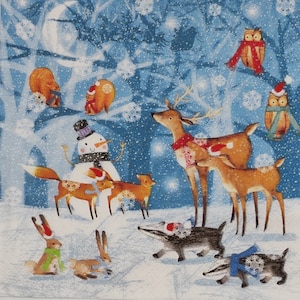 Escena del bosque de invierno Muñeco de nieve y animales - Servilleta de papel decoupage - Materiales de elaboración - 4 servilletas de papel para el almuerzo - Arte de servilletas de invierno