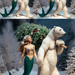 Papel de arroz para decoupage, manualidades, scrapbooking, collage - Oso polar y hermosa sirena en el mercado navideño - Hoja de papel de arroz única A4 nueva