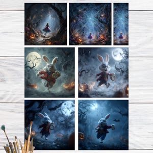 Peut inclure: Une série d'impressions d'art numérique sur le thème de la fantaisie. Les images montrent une fille dans une forêt, un lapin en manteau rouge et un thème d'Halloween effrayant avec des citrouilles et une pleine lune. Le style artistique est détaillé et fantaisiste.