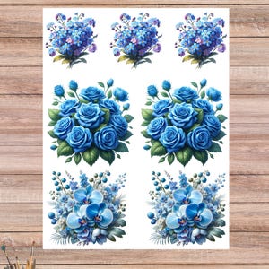 Papel de arroz con ramo de flores azules, Papel para decoupage con flores azules, Elegante papel floral azul para manualidades, Papel morera, N.° 4552