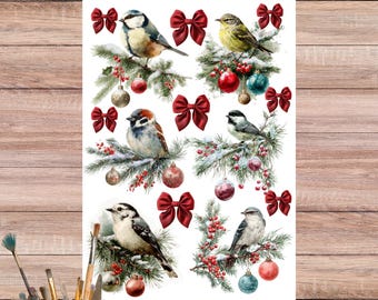 Christmas Songbird Rice Paper for Decoupage – Snowy Fir, Red Berries & Vintage Ornaments, Red Bow, 5364