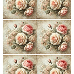 Collage de papel de arroz con rosas shabby chic, decoración rústica, papel decoupage floral vintage, estilo campestre francés, diseño de rosas rosas suaves