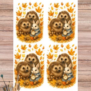 May include: Sheet of four whimsical illustrations featuring hedgehogs, a rabbit, and autumn leaves. The rabbit wears a blue dress and holds a pocket watch. The background is filled with orange and yellow leaves, acorns, and mushrooms.