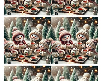 Snowmen Drinking Tea Rice Paper: Decoupage Collage Sheet A4