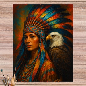 Mujer nativa y águila en papel de arroz, lámina de decoupage boho, retrato espiritual en papel morera, impresión de fantasía tribal en A4, n.° 4595