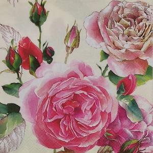 Servilletas de papel decorativas con rosas rosas para decoupage, collage y diario. 4 servilletas individuales de papel para almuerzo, románticas rosas vintage.