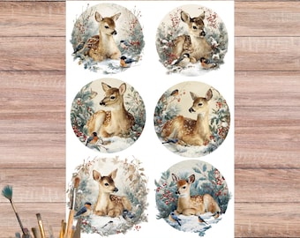 Watercolor Deer and Winter Birds Rice Paper for Decoupage – A4 Christmas Craft Paper with Robins, Snow, Pine Branches and Red Berries, 5222
