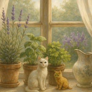 Premium Rice Paper for Decoupage, Cats - Heather and Kitchen Herbs, Window Scene Craft Paper, Vintage Widow View ,Nature, No 4431