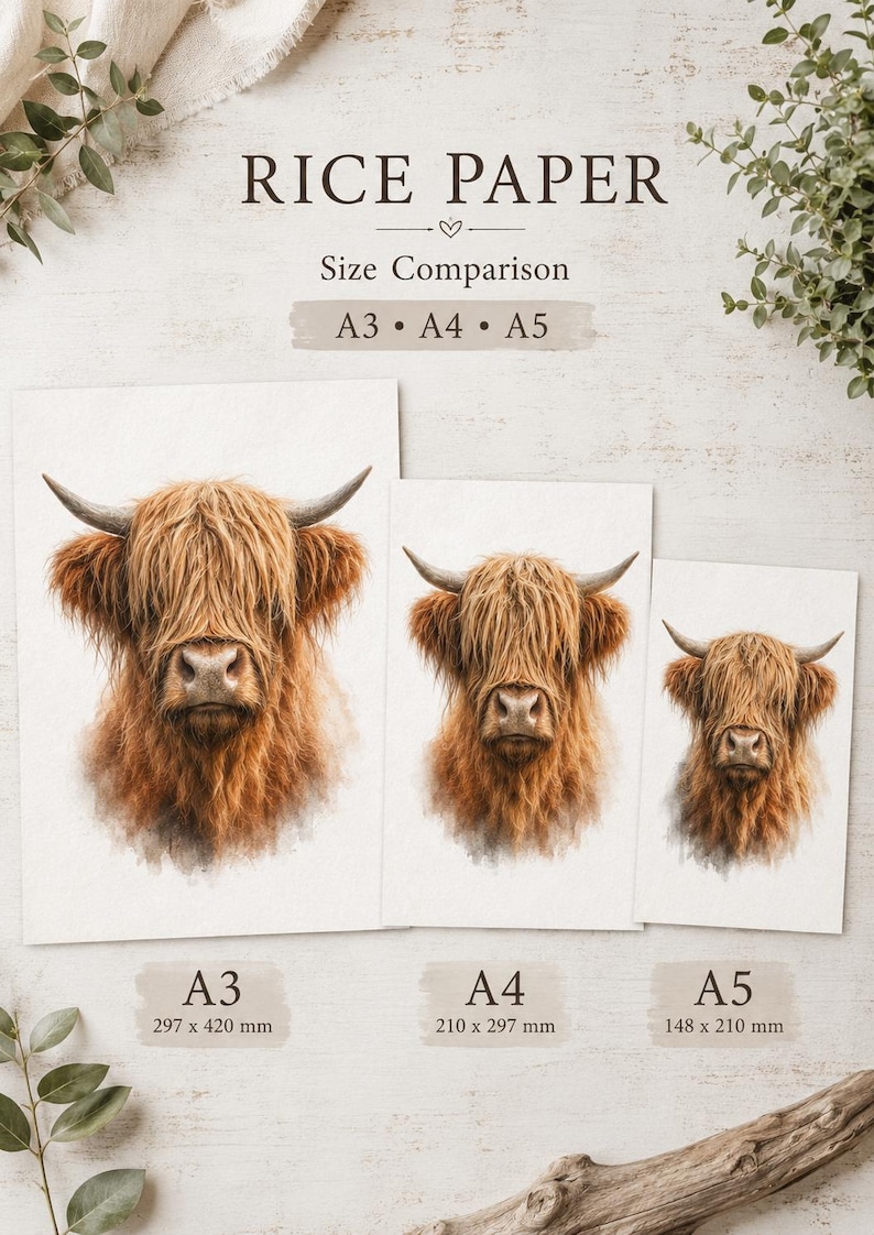 May include: Three sheets of rice paper featuring a brown Highland cow illustration in A3, A4, and A5 sizes. The text reads RICE PAPER, Size Comparison, A3, A4, A5, and dimensions 297 x 420 mm, 210 x 297 mm, and 148 x 210 mm are clearly printed.