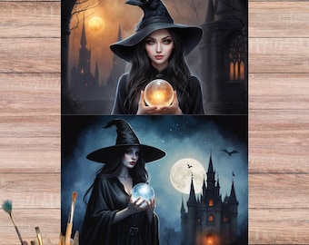 Gothic Witch Rice Paper for Decoupage Crafts - Beautiful Witch with Crystal Ball, Raven & Castle Gate Halloween Sheet, 5091