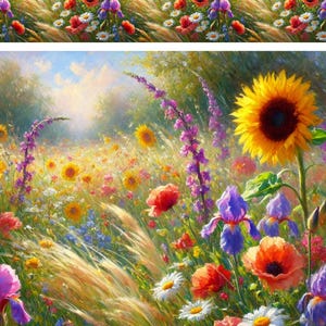 Wildblumen Wiese Reispapier, Sonnenblumen und Mohnblumen Decoupage Papier, A4 reißfestes Blumen Kraftpapier, impressionistische Landschaftskunst