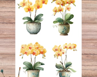 Yellow Orchid Rice Paper for Decoupage: Botanical Watercolor Design