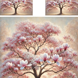 May include: A painting depicting a large, pink magnolia tree in full bloom. The tree is situated in a woodland setting with a gentle, golden light filtering through the branches.