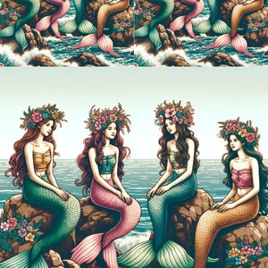 Papel de arroz para decoupage, hermosas sirenas en coronas hoja de collage, diario basura, álbumes de recortes, suministros de medios mixtos, suministros de artesanía ARTE