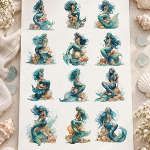 May include: A sticker sheet featuring twelve distinct illustrations of mermaids with flowing blue hair and shimmering tails, each perched upon a rocky outcrop surrounded by seashells and aquatic elements, arranged in a four-by-three grid layout.