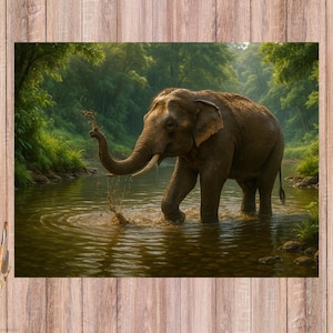 Majestätischer Elefant, der in Flussreispapier badet, Fotorealistische wilde Kunst, Sanfter riesiger Elefant im üppigen Grün, Exotisches Tierhandwerk 4615
