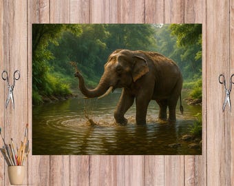 Elephant Bathing Rice Paper: Photorealistic Wildlife Art, Decoupage Craft