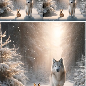 Lobo y conejo en bosque nevado, Papeles de arroz decorativos, Papel de arroz de decoupage para manualidades, Scrapbooking, Collage, Fabricación de tarjetas, 1 A4 Nuevo