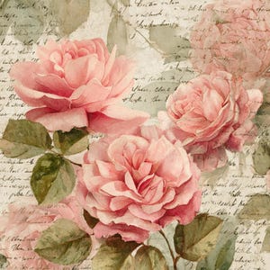 May include: Watercolor illustration of pink roses with green leaves against a backdrop of faded script. The roses are in various stages of bloom, with soft, delicate petals. The background has a vintage, antique feel.