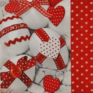 Servilleta de papel decorativa con huevos de Pascua rojos y blancos para decoupage Scrapbooking Collage Journal Ephemera. 4 servilletas de papel individuales para el almuerzo.