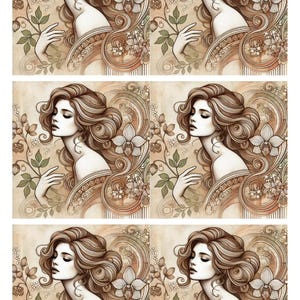 Hoja de collage de mujer Art Nouveau 1 A4, papel de arroz para decoupage, mujer hermosa, diario de arte, fabricación de tarjetas, álbumes de recortes, suministros de técnica mixta