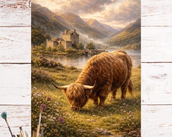 Papel de arroz para decoupage con vaca de las Tierras Altas y castillo escocés, impresión rústica de granja, paisaje de las Tierras Altas de Escocia 8761