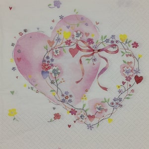 Servilletas de papel decorativas con forma de corazón de flores rosas para decoupage, manualidades, collages y diarios. 4 servilletas de papel individuales para el almuerzo con motivo de corazón. Nuevas