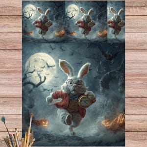 Puede incluir: Ilustración caprichosa de un conejo blanco con chaqueta roja y gafas, sosteniendo un reloj de bolsillo, corriendo por una escena de bosque espeluznante con luna llena y murciélagos. Tema de Halloween.