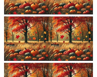 May include: A fall scene with a forest of trees with red, orange, and yellow leaves.  The ground is covered in fallen leaves and there are pumpkins scattered throughout the scene.