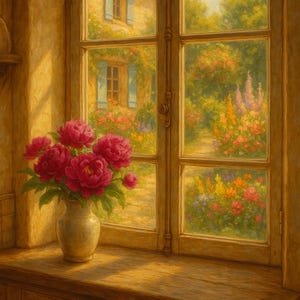 Papel de arroz premium para decoupage, ventana antigua y desgastada con peonías, vista de la cocina en plena floración, estilo rústico chic, efímera, n.° 4420