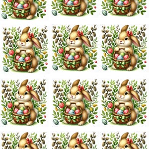 Collage de papel de arroz A4, conejito de Pascua, diseño de conejito de Pascua en acuarela, conejito con canasta, lindo conejito con canasta de huevos de Pascua, arte de papel artesanal