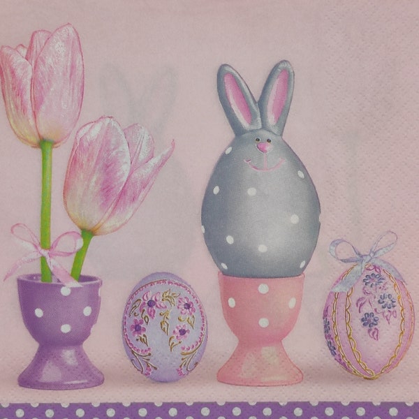 4 Easter Eggs Tulips Napkins For Decoupage Craft Collage Journal Crafting Ephemera Decopatch Art Party Easter Celebration, Tissue Serviettes