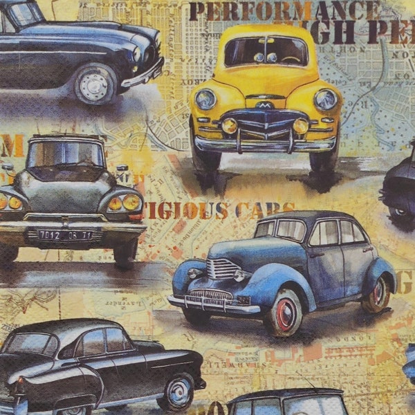 Only 1 Unique Paper Napkin For Decoupage Craft Collage Journal Crafting Ephemera Decopatch Art - Vintage Old Cars Maps