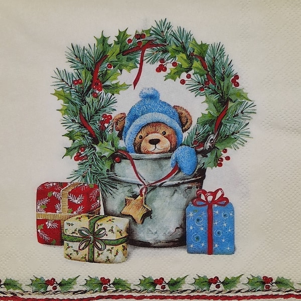 20 Lunch Paper Napkins Serviettes Christmas Teddy Bear, Pack of 20 Tissue Serviettes For Decoupage Craft Collage Journal Crafting Ephemera