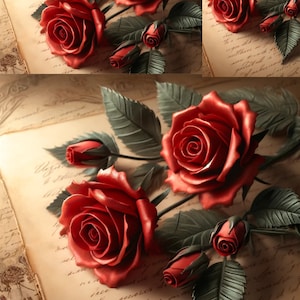 Reispapier mit Vintage Rosen und alten Briefen, Decoupage Papier mit romantischen Rosen, rote Rose Design zum Basteln, Junk Journaling, Ephemera