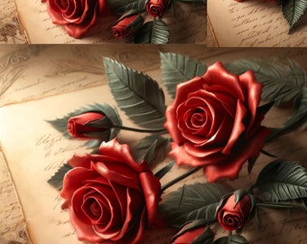 Papel de arroz con rosas rojas: Letras vintage, papel romántico para decoupage