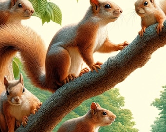 Squirrels on Branch Rice Paper: Decoupage, Scrapbooking, Collage (A4 Sheet)
