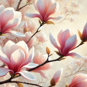 Ramas de magnolia en flor en papel de arroz, arte floral para decoupage, manualidades shabby chic, técnica mixta y decoración primaveral DIY