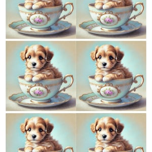 Papel de arroz para decoupage, hoja de collage de un lindo cachorro en una taza, álbum de recortes, diario de arte, suministros de técnica mixta, papel de arroz con forma de perro para MANUALIDADES